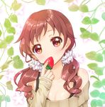  blush breasts brown_eyes brown_hair brown_sweater collarbone commentary_request covered_mouth eyelashes fingernails food fruit gochuumon_wa_usagi_desu_ka? hair_ornament hair_over_shoulder hair_scrunchie hand_up head_tilt highres holding holding_food holding_fruit leaf long_hair long_sleeves looking_at_viewer low_twintails natsu_megumi off-shoulder_sweater plant ringlets scrunchie sleeves_past_wrists small_breasts solo strawberry sweater tesserao twintails vines white_background white_scrunchie 