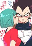  1girl armor black_eyes black_hair blue_hair blush bulma cheek_kiss closed_eyes couple crossed_arms dragon_ball dragon_ball_z frown gloves heart hetero husband_and_wife kiss looking_away miiko_(drops7) pink_shirt shirt short_hair simple_background sweatdrop translation_request vegeta white_background 