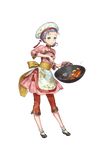  apron braid china_dress chinese_clothes cooking dress food full_body green_eyes hair_up hat highres ladle looking_at_viewer nikki_quinnell official_art open_mouth oven_mitts princess_principal princess_principal_game_of_mission purple_hair sauce shoes shrimp solo standing transparent_background white_hat wok 
