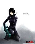  arm_cannon black_hair blame! breasts coat graviton_beam_emitter gun highres medium_breasts sakuma_tsukasa sanakan short_hair simple_background solo weapon 