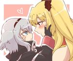  anne_bonny_(fate/grand_order) black_gloves blush face-to-face fate/grand_order fate_(series) from_side gloves hairband hands_on_another's_cheeks hands_on_another's_face heart kagosumi looking_at_another mary_read_(fate/grand_order) multiple_girls open_mouth scar scrunchie silver_hair twintails yuri 