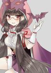  arm_warmers bat blush brown_hair fate/grand_order fate_(series) fou_(ssqseeker) glasses highres hood hood_up long_hair low_twintails osakabe-hime_(fate/grand_order) sweatdrop twintails very_long_hair 