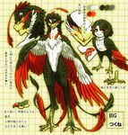  animal_humanoid avian avian_humanoid beak digitigrade feathered_wings feathers flat_chested green_feathers green_hair hair harpy humanoid isaki japanese_text looking_at_viewer male nude orange_eyes red_feathers solo standing talons text tongue white_feathers winged_arms wings 