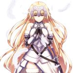  1girl armor armored_dress bangs bare_shoulders black_gloves blonde_hair blue_eyes braid closed_mouth commentary_request cowboy_shot enchuu eyebrows_visible_through_hair falling_feathers fate/apocrypha fate/grand_order fate_(series) faulds fur_trim gauntlets gloves hands_clasped headpiece highres jeanne_d&#039;arc_(fate) jeanne_d&#039;arc_(fate)_(all) long_hair own_hands_together plackart sheath standard_bearer sword thighhighs very_long_hair weapon 