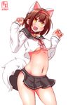  :d alternate_costume animal_ears azur_lane breasts brown_eyes brown_hair commentary_request cosplay crop_top crop_top_overhang fake_animal_ears hairband heart_collar highres kanon_(kurogane_knights) kantai_collection looking_at_viewer medium_breasts namesake navel no_bra no_panties open_mouth paw_pose pleated_skirt shiratsuyu_(azur_lane) shiratsuyu_(azur_lane)_(cosplay) shiratsuyu_(kantai_collection) short_hair simple_background sketch skirt smile solo tail underboob white_background wolf_tail 