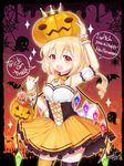  :d armpits blonde_hair breasts bucket candy commentary_request cowboy_shot crown dress english fang flandre_scarlet food halloween halloween_costume haruki_(colorful_macaron) jack-o'-lantern medium_breasts mismatched_legwear mushroom open_mouth pumpkin_hat pun red_eyes side_ponytail signature smile solo sparkle thighhighs touhou wrist_cuffs zettai_ryouiki 