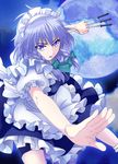  absurdres apron bad_id bad_pixiv_id blue_eyes bow braid frilled_apron frills green_bow hair_bow highres holding holding_knife izayoi_sakuya knife knives_between_fingers looking_at_viewer lucky_m7 maid_headdress moon night night_sky parted_lips puffy_short_sleeves puffy_sleeves short_sleeves silver_hair sky solo touhou twin_braids weapon 