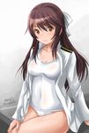  artist_name brave_witches brown_eyes brown_hair cowboy_shot hair_ribbon haruhata_mutsuki karibuchi_takami lips long_hair looking_at_viewer military military_uniform naval_uniform one-piece_swimsuit ribbon school_swimsuit sitting smile solo swimsuit swimsuit_under_clothes twitter_username uniform white_ribbon white_school_swimsuit white_swimsuit world_witches_series 