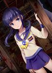  absurdres bangs blood blood_splatter blue_eyes blue_hair blue_skirt broken_glass collarbone corpse_party dutch_angle eyebrows_visible_through_hair glass highres school_uniform serafuku shinozaki_ayumi shirowa skirt thighs 