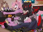  2017 5_fingers anthro black_nose blue_eyes breasts canine clothed clothing digital_media_(artwork) duo female hair mammal pink_hair sitting smile video_games wolf wolflady 