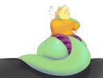  2017 anthro bed big_butt bubble butt clothed clothing digitalpelican dragon female hair hi_res horn huge_butt panties rear_view sasha_(digitalpelican) scalie simple_background sitting solo striped_panties thick_thighs tired underwear white_background wide_hips 