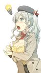  ascot blue_eyes breasts cleavage eyebrows_visible_through_hair hair_between_eyes hat highres idea jacket kantai_collection kashima_(kantai_collection) large_breasts light_bulb nonco open_clothes open_jacket open_mouth sidelocks simple_background solo sweatdrop twintails white_background 