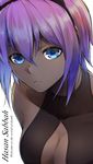  bare_shoulders black_hairband blue_eyes blue_hair breasts character_name cleavage commentary_request dark_skin fate/prototype fate/prototype:_fragments_of_blue_and_silver fate_(series) gradient_hair hairband hassan_of_serenity_(fate) highres looking_at_viewer medium_breasts multicolored_hair purple_hair short_hair shunga_(shun608) sketch solo white_background 