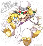  bare_shoulders blonde_hair blue_eyes bowser bridal_veil commentary_request dress eromame formal gloves hat high_heels jewelry long_hair looking_at_viewer mario_(series) princess_peach spikes suit super_mario_bros. super_mario_odyssey veil wedding_dress 