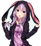  animal_hood bangs blush bunny_hood commentary d: dress eyebrows_visible_through_hair hair_between_eyes hair_ornament hands_up hood hood_up hoodie looking_at_viewer minamiya_mia open_clothes open_hoodie open_mouth purple_dress purple_eyes purple_hair round_teeth short_hair_with_long_locks sidelocks sleeves_past_wrists solo teeth vocaloid voiceroid yuzuki_yukari 