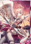  akkijin angel archery armor bare_shoulders blonde_hair blue_eyes bow braid card_(medium) feathered_wings feathers looking_at_viewer official_art orange_sky outdoors ruins shinkai_no_valkyrie single_wing sky solo thighhighs wings 