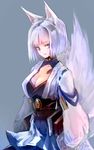  animal_ears azur_lane bangs blue_eyes breasts cleavage commentary_request cowboy_shot fox_ears fox_tail japanese_clothes kaga_(azur_lane) large_breasts looking_at_viewer multiple_tails parted_lips short_hair smile solo suisa tail white_hair 