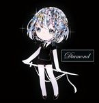  androgynous black_background character_name chibi collared_shirt crystal_hair diamond_(houseki_no_kuni) elbow_gloves gem_uniform_(houseki_no_kuni) gloves houseki_no_kuni necktie nishina_hima shirt short_hair short_sleeves shorts solo sparkle sword thighhighs weapon white_gloves white_legwear white_shirt wing_collar 