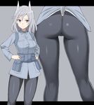  animal_ears ass aurora_e_juutilainen bangs black_legwear closed_mouth commentary_request contrapposto glastonbury1966 grey_background hands_on_hips letterboxed light_smile long_sleeves military military_uniform multiple_views pantyhose pocket pouch purple_eyes silver_hair simple_background standing strike_witches tail uniform world_witches_series 