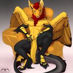  2017 anthro chair claws clothed clothing digital_media_(artwork) dragon fluffy fluffy_tail fur furred_dragon hair jaitsu loincloth looking_at_viewer male open_mouth sitting smile smug solo sonsasu throne topless tuft wings 