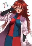  adjusting_eyewear android_21 black-framed_eyewear blue_eyes breasts brown_hair character_name checkered checkered_dress curly_hair dragon_ball dragon_ball_fighterz dress earrings glasses hand_in_pocket highres hoop_earrings jewelry labcoat long_hair medium_breasts rectangular_eyewear signature solo sparkle violoxe 