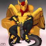  2017 animal_genitalia anthro balls chair chest_tuft claws clothed clothing digital_media_(artwork) dragon erection fluffy fluffy_tail fur furred_dragon hair invalid_tag jaitsu loincloth looking_at_viewer male open_mouth penis sitting smile smug solo sonsasu throne topless tuft wings 