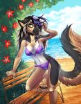  anthro beach bikini blue_eyes breasts canine clothing cloud dog eyewear female flower german_shepherd glasses heterochromia imanika looking_at_viewer mammal plant pose seaside smile solo spread_legs spreading swimsuit water yellow_eyes yllin_emberpaw 