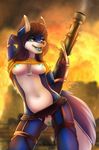  2017 anthro black_hair blue_areola blue_clitoris blue_eyes blue_fur blue_nipples blue_pussy breasts canine clothing detailed_background digital_media_(artwork) dog female fur hair holding_object holding_weapon mammal mifa navel nipples pussy smile solo weapon 