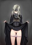  ass_visible_through_thighs belt black_dress capelet covered_eyes dark_souls_iii dress dress_lift facing_viewer fire_keeper grey_background grey_hair highres jewelry lifted_by_self long_hair mask necklace panties panty_pull pussy pussy_juice smile solo souls_(from_software) sunday_se7en turtleneck underwear white_panties 