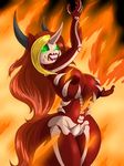  2017 absurd_res anthro areola breasts equine fan_character female fire fire_eclipse glowing glowing_eyes green_eyes grin hair hi_res horn long_hair mammal multicolored_hair my_little_pony nipples slit_pupils smile solo suirano two_tone_hair unicorn 