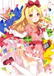  bangs blonde_hair blush book bow brown_eyes commentary_request confetti curly_hair d: dango_remi dress eromanga_sensei eyebrows_visible_through_hair fang frills from_side hair_bow hands_up layered_sleeves leg_up long_hair long_sleeves looking_at_viewer looking_back mary_janes nintendo_switch open_book open_mouth pink_dress red_bow shoes sidelocks solo thighhighs white_bow white_legwear yamada_elf 