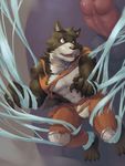  2016 anthro biceps blue_eyes canine claws clothed clothing dog fangs frenulum hi_res inner_ear_fluff kemono male mammal muscular muscular_male open_mouth paws pecs penis simple_background taki_kaze 