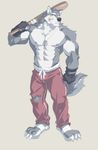  2017 abs anthro band-aid bandage biceps big_muscles black_nose canine chest_tuft claws clothed clothing foot_wraps fur gloves grey_fur kemono male mammal muscular muscular_male nipples obliques pants pecs pink_nipples rollingstoneeeeee simple_background smile standing teeth toe_claws topless torn_clothing triceps tuft vein white_fur wolf wraps yellow_eyes 