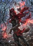  animal_ears armor armored_boots black_hair black_skin boots bracelet claws copyright_name fangs fire force_of_will glowing glowing_eyes highres hood jewelry long_hair mad_(artist) monster_girl multicolored_hair official_art open_mouth red_eyes solo tree two-tone_hair white_hair wolf_ears 