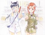  :d agahari animal_ears closed_mouth cowboy_shot eyepatch koi_dance long_hair looking_at_another minna-dietlinde_wilcke multiple_girls open_mouth print_eyepatch red_hair sakamoto_mio smile strike_witches thighs traditional_media v watercolor_(medium) white_eyepatch world_witches_series 