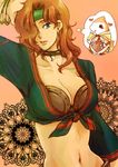  &lt;3 blue_eyes breasts brown_hair choker cleavage felecca gensou_suikoden gensou_suikoden_tierkreis headband heart midriff nata numnu porposkin shirt suikoden suikoden_tierkreis thought_bubble tied_shirt 