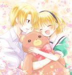  1boy 1girl ^_^ blonde_hair bow brother_and_sister closed_eyes collared_shirt dress eyes_closed fang flower hairband higurashi_no_naku_koro_ni houjou_satoko houjou_satoshi maekawa_suu open_mouth red_eyes sailor_dress shirt siblings smile stuffed_animal stuffed_toy teddy_bear 