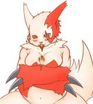  340m/sec amber_eyes anthro breasts chocolate female holding_breasts looking_at_viewer messy nintendo nipples pok&#233;mon pok&#233;morph pokemon presenting solo video_games zangoose 