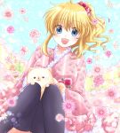  1girl :d black_legwear blonde_hair blue_eyes dog flower frilled_kimono frills hair_flower hair_ornament japanese_clothes kimono maekawa_suu open_mouth pink_flower pink_rose pomeranian_(dog) ponytail red_flower red_rose rose smile thighhighs umineko_no_naku_koro_ni ushiromiya_jessica 