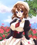  1girl :d apron ascot blue_sky brown_hair dress flower hat juliet_sleeves long_sleeves maekawa_suu maid open_mouth petals puffy_sleeves purple_eyes red_flower red_rose rose shannon skirt_hold sky smile tree umineko_no_naku_koro_ni 