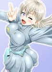  1girl artist_request ass blue_eyes blush breasts eila_ilmatar_juutilainen large_breasts long_hair looking_at_viewer military military_uniform one_eye_closed open_mouth pantyhose platinum_blonde shiny shiny_clothes shiny_hair skirt smile solo strike_witches uniform very_long_hair white_legwear wink world_witches_series 