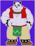  2019 anthro belly black_nose clothing fur giant_panda goujuyu humanoid_hands kaku_renbo loincloth male mammal navel overweight overweight_male pants simple_background solo ursid vs_knight_ramune_&amp;_40_fire white_fur 