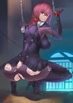  absurdres angry ass bdsm blush bodysuit bondage boots bound breasts chain collar fate/grand_order fate_(series) from_behind gloves highres kumasang large_breasts long_hair looking_back pantyhose purple_hair red_eyes scathach_(fate)_(all) scathach_(fate/grand_order) sideboob skin_tight skindentation solo squatting thong torn_clothes torn_legwear very_long_hair 