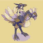  alcopopstar ambiguous_gender armor avian beak bird boots breasts clothed clothing digital_media_(artwork) duo elf feathered_wings feathers female feral footwear hair humanoid long_hair looking_at_viewer pants pixel_(artwork) reins restricted_palette riding saddle shirt simple_background standing sunhat talons wings 