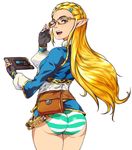  1girl alone ass ayako_fukiishi blonde_hair braid female fukiishi_ayako glasses hips holding_glasses long_hair looking_back open_mouth panties pointy_ears princess_zelda simple_background solo striped_panties tagme teeth the_legend_of_zelda thighs tongue white_background yakibuta_(shimapow) 