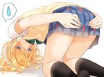  ayase_eli black_legwear blonde_hair blue_eyes blush bow bowtie commentary_request green_neckwear half-closed_eyes hands_on_own_ass kneehighs kneeling looking_at_viewer love_live! love_live!_school_idol_project mogu_(au1127) otonokizaka_school_uniform ponytail school_uniform short_sleeves skirt solo spoken_sweatdrop striped striped_neckwear sweat sweatdrop sweater_vest tears white_background 