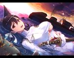  animal_ears atago_(azur_lane) azur_lane black_eyes black_hair blood breasts extra_ears gloves hair_ribbon highres large_breasts long_hair looking_at_viewer lying_on_water mappaninatta md5_mismatch mole mole_under_eye no_bra ocean ribbon solo sword tears torn_clothes water weapon white_gloves 