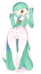  absurd_res anus bent_over biped brown_eyes butt butt_pose digital_media_(artwork) female gardevoir green_hair hair hi_res humanoid looking_at_viewer looking_back nintendo pok&eacute;mon pok&eacute;mon_(species) pseudo_clothing pussy scorci simple_background video_games white_background white_skin 