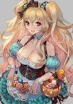  alternate_costume anne_bonny_(fate/grand_order) apron_basket aqua_skirt black_bow blonde_hair blush bow breasts candy cleavage collarbone corset detached_sleeves eyebrows_visible_through_hair fate/grand_order fate_(series) food frilled_sleeves frills grey_background halloween halloween_basket highres jack-o'-lantern large_breasts lollipop long_hair looking_at_viewer puffy_short_sleeves puffy_sleeves red_eyes short_sleeves simple_background skirt solo striped striped_bow terai_(teraimorimori) two_side_up very_long_hair wavy_hair wrist_cuffs 