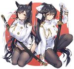  aemochi animal_ears atago_(azur_lane) azur_lane bad_id bad_pixiv_id black_hair black_legwear breasts closed_mouth garter_straps gloves hair_ribbon katana kneeling large_breasts long_hair looking_at_viewer military military_uniform miniskirt multiple_girls pantyhose ponytail ribbon sitting skirt smile sword takao_(azur_lane) thighhighs uniform very_long_hair wariza weapon white_gloves white_ribbon yellow_eyes 